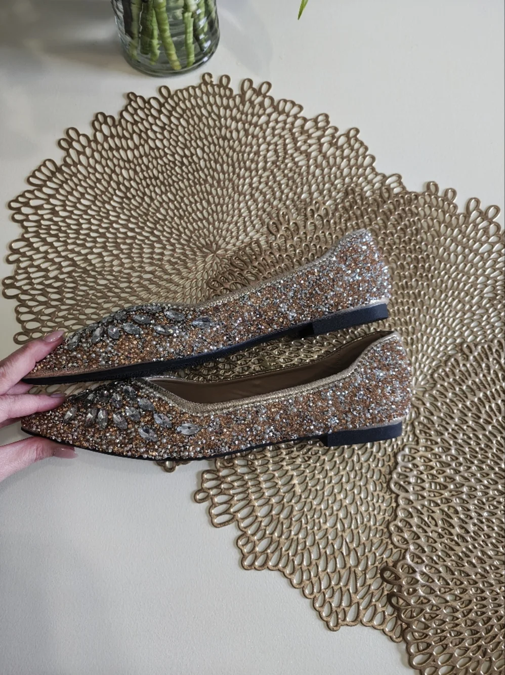 Embellished Rose Gold Pointed Toe Flats NWOT 39